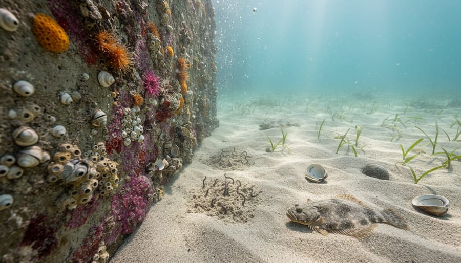 Barnacles, mussels, and algae growing on hardened intertidal concrete and rock