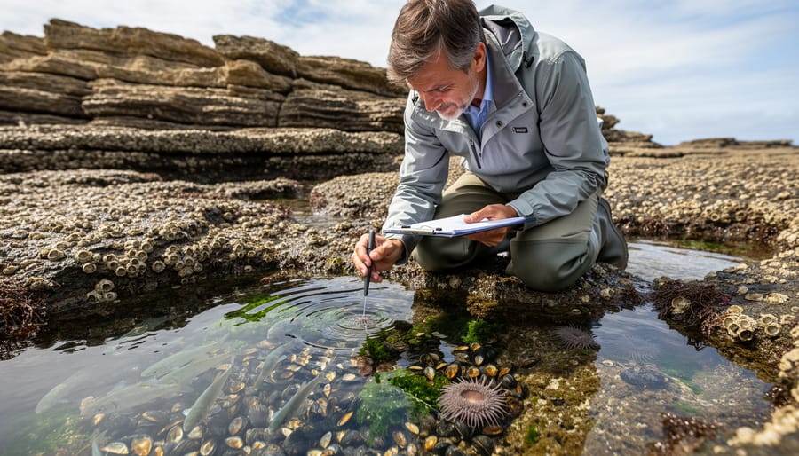 Marine biologist sampling a tide pool near a riprap revetment at the shoreline