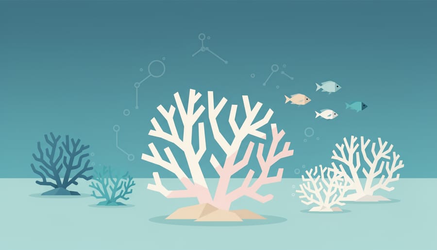 Underwater view of pale bleached coral skeletons with darker reef areas in the background.