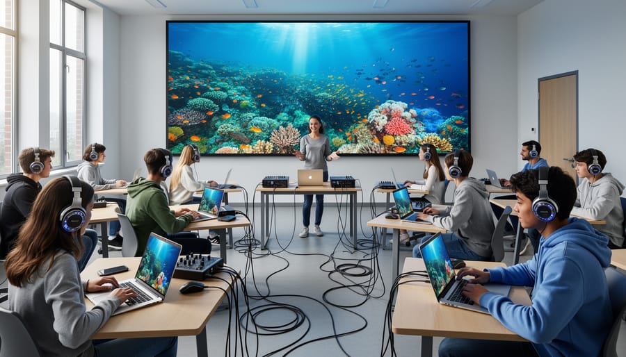 Teacher and students using an immersive headphone setup during an ocean education session