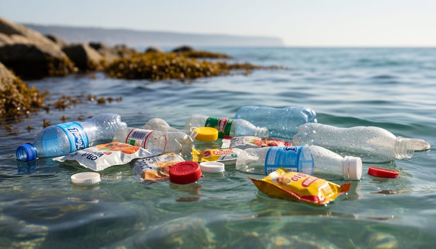 A small coastal fishing boat in calm waters with floating plastic debris near the surface.