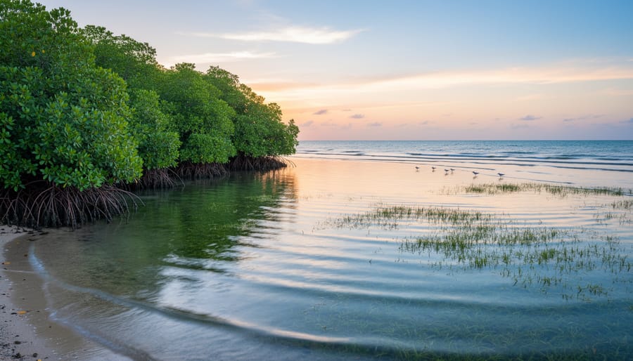 Wide view from a pier toward a coastal protected area with mangroves and calm water at dawn.