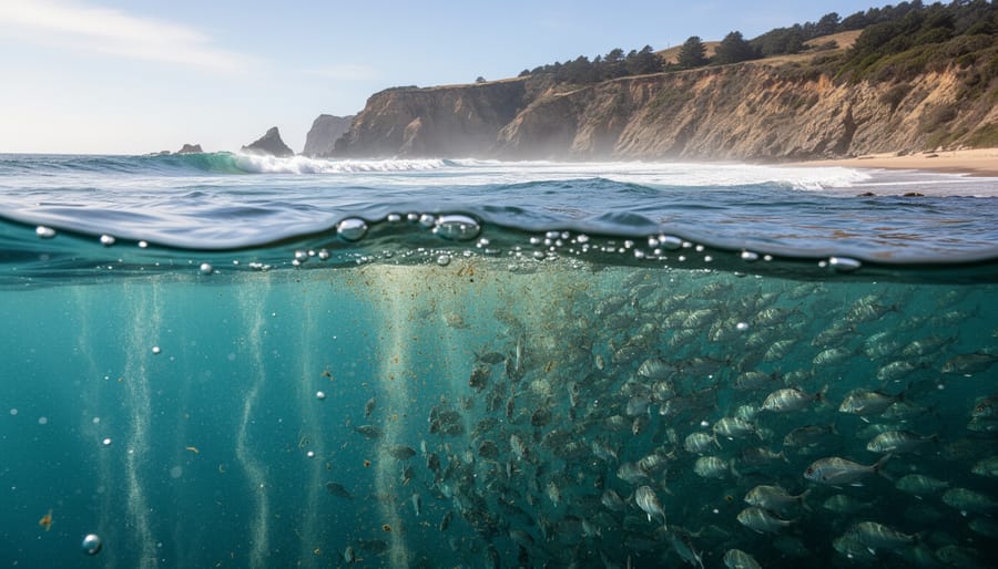 Coastal waters showing a boundary between darker upwelled water and clearer surrounding ocean.