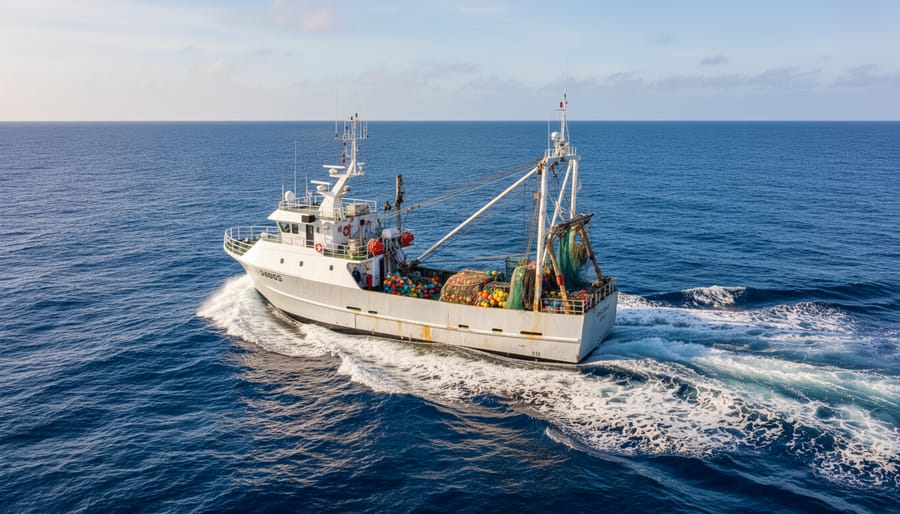 A commercial fishing boat traveling through calm ocean water near the horizon at dusk