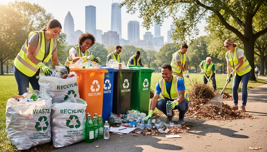 Volunteers collecting plastic waste on a beach with grabbers and reusable bags