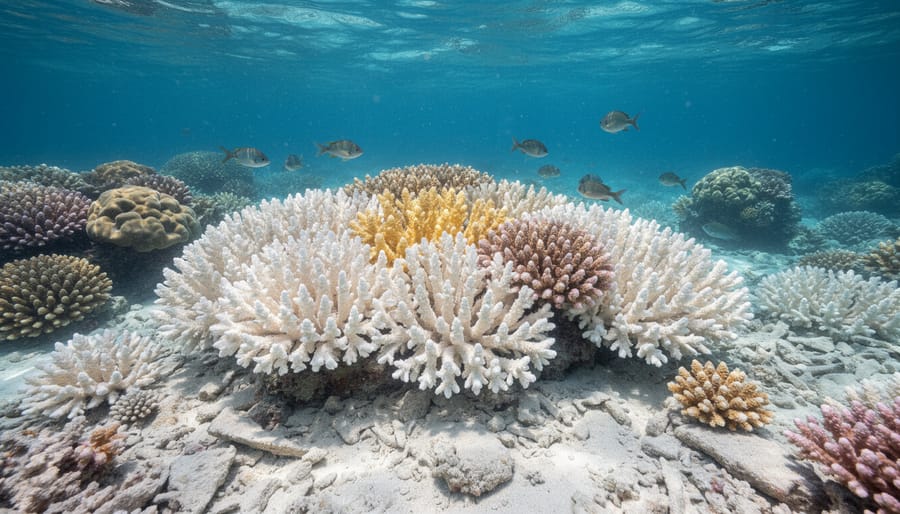 Bleached coral reef with pale white coral and a few fish visible in cool blue water