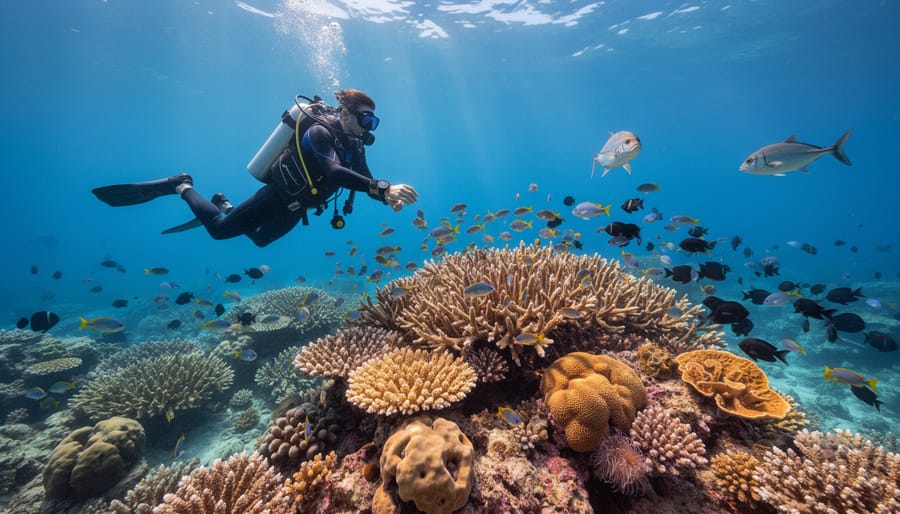 Diver hovering above a coral reef with schools of small fish