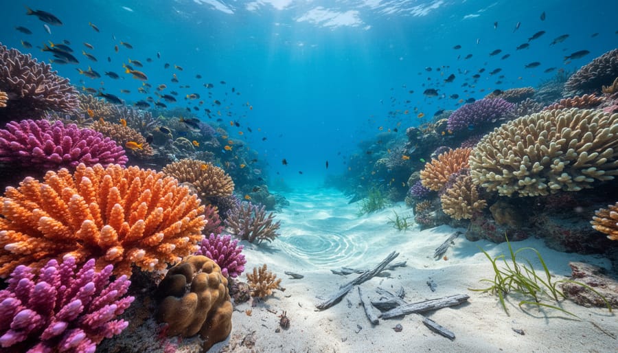 Water-level view of a coral reef with living corals and some bleached patches