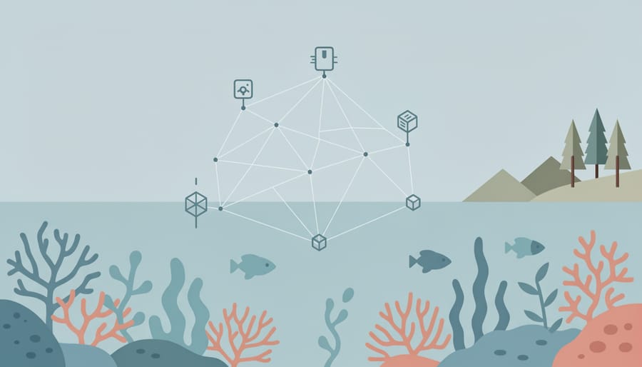 Underwater view of a coral reef with marine life and a partially visible ocean sensor unit on the seafloor