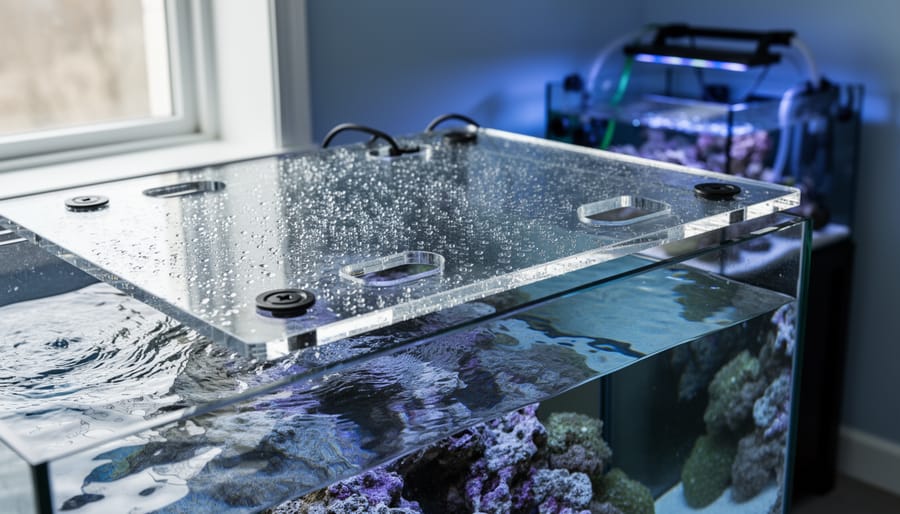Custom clear aquarium lid with precise cutouts fitted over a marine tank, showing saltwater droplets and reef-style interior lighting.