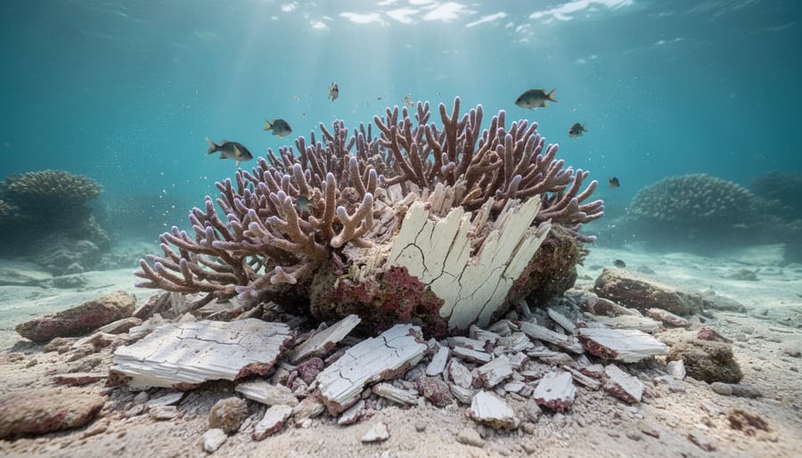 Underwater photo of a diver touching damaged coral on a reef with fish blurred in the background.