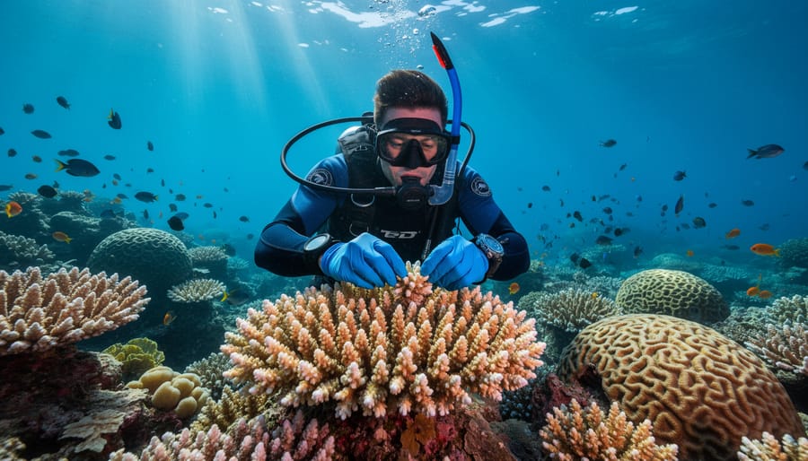 Underwater photo of a diver’s gloved hand holding a coral fragment above a vibrant reef.