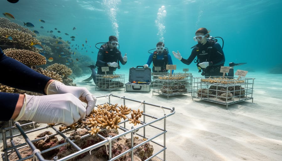 Underwater diver carefully attaches a coral fragment to a reef structure.