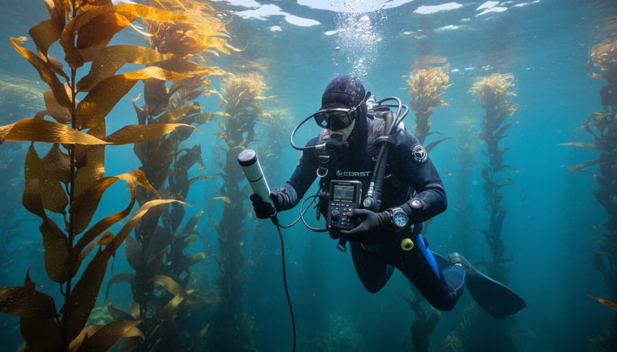 Diver holding a hydrophone near a kelp forest in blue-green ocean water