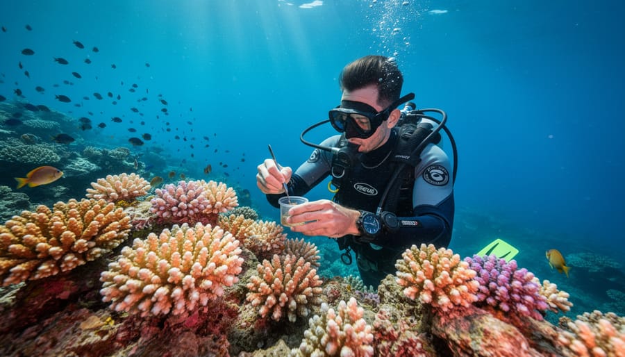 Marine diver near a stressed coral patch on a rocky reef collecting environmental samples.