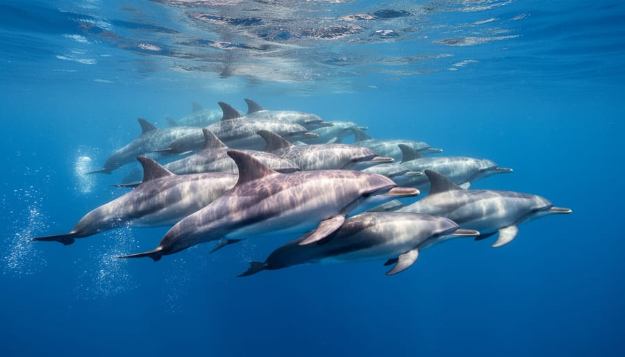 Underwater view of dolphins swimming in a coordinated group in blue ocean water