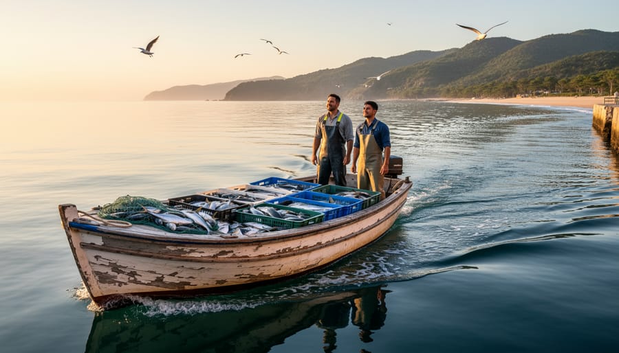 Fisher’s boat at dusk with a net holding silvery fish and wet ropes visible on the rail