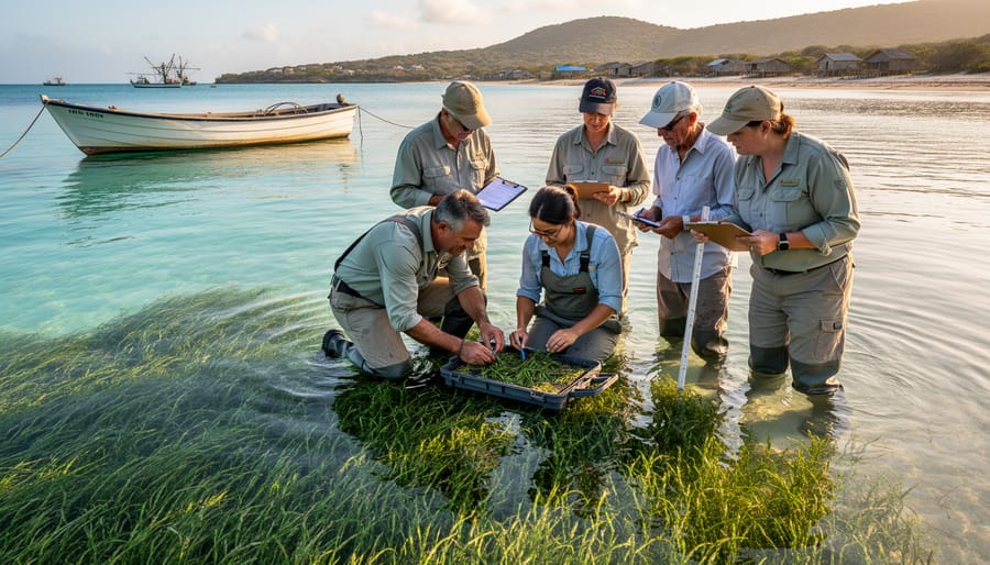 Marine scientist and fishermen in life vests examine restored seagrass in shallow coastal water during golden hour.