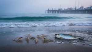 Marine life silhouettes near the coast with drifting water droplets in a cool, misty ocean at dusk, suggesting persistent PFAS contamination through seawater.
