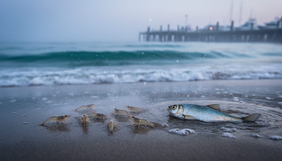 Marine life silhouettes near the coast with drifting water droplets in a cool, misty ocean at dusk, suggesting persistent PFAS contamination through seawater.