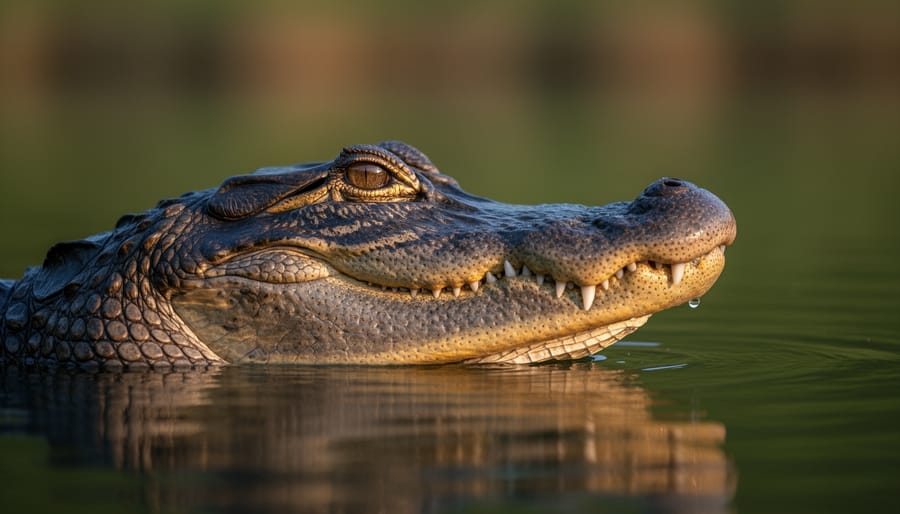 Close-up of a freshwater alligator’s head with a broad U-shaped snout and closed mouth.