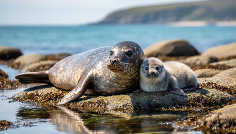 Harbor seal mother and pup resting on rocky shore near the water
