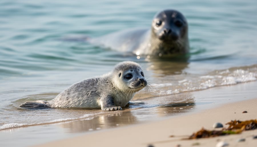 Harbor seal pup near the water edge with rippling surf in the background
