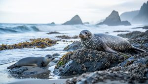 Adult harbor seal with a pup resting on rocky shoreline near foamy ocean surf.