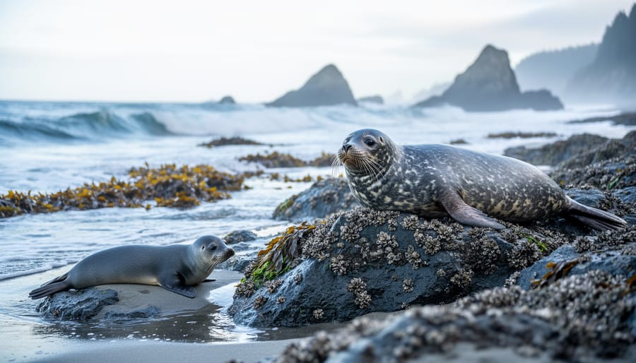 Adult harbor seal with a pup resting on rocky shoreline near foamy ocean surf.