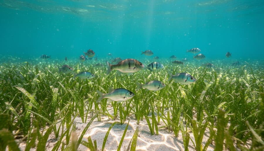 Clear-water view of a vibrant seagrass meadow with juvenile fish swimming above the seafloor