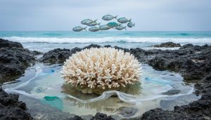 Bleached coral reef near a rocky shoreline with small fish swimming in the background and plastic debris floating in the ocean water under overcast light.