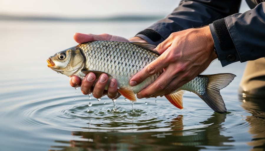 Gloved hands placing a freshly caught fish in a clean, wet crate on a dock