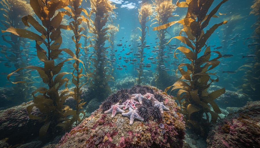 Kelp forest underwater scene with fish near rocky habitat, illustrating concerns about marine health.