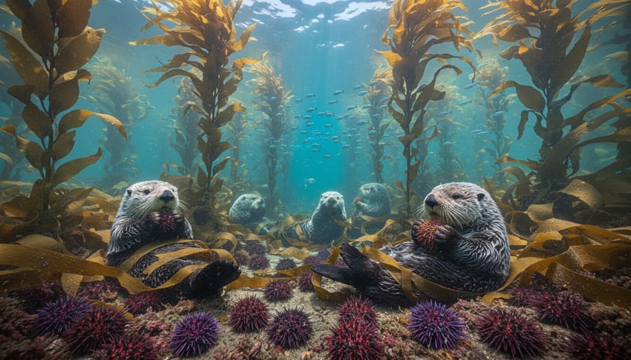 Sea otter in a dense kelp forest with tall kelp fronds underwater
