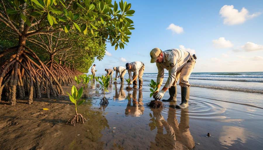 Volunteers planting mangrove seedlings along a shoreline during low tide