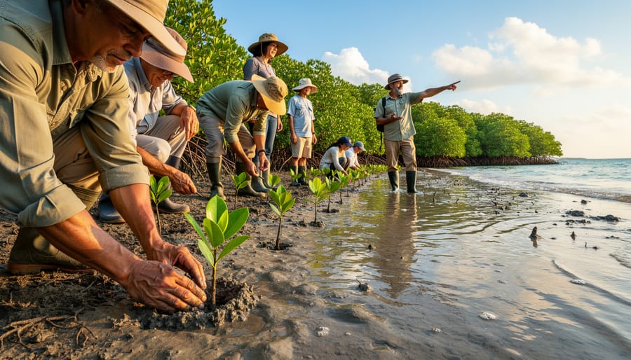 People planting mangrove seedlings along a tidal shoreline during golden hour.