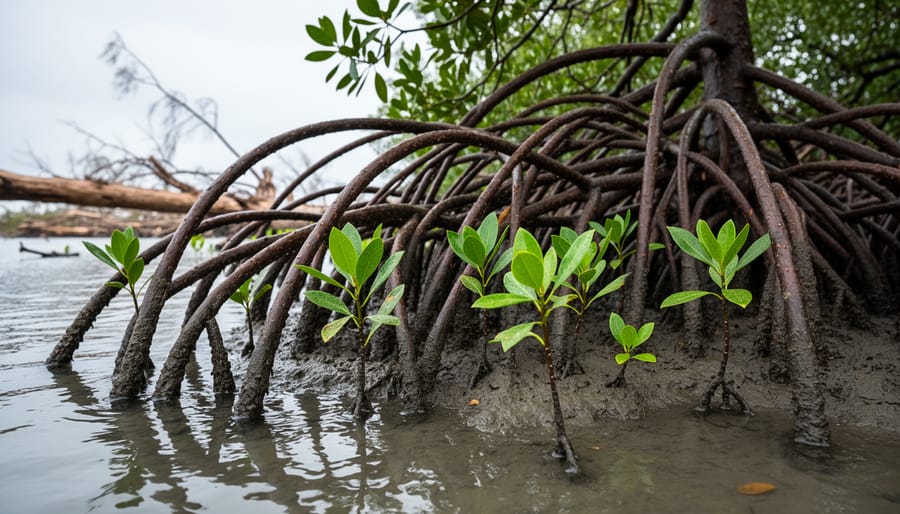Mangrove shoreline with exposed roots and young seedlings along a tidal channel