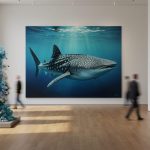 Life-sized whale shark painting in a marine art gallery, with ocean-inspired sculpture and photography displayed under soft natural light.