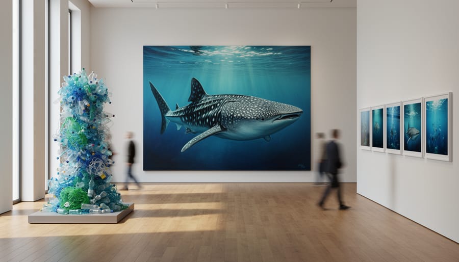 Life-sized whale shark painting in a marine art gallery, with ocean-inspired sculpture and photography displayed under soft natural light.