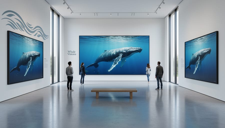 Visitors look at a large framed marine artwork of humpback whales inside a bright gallery room.