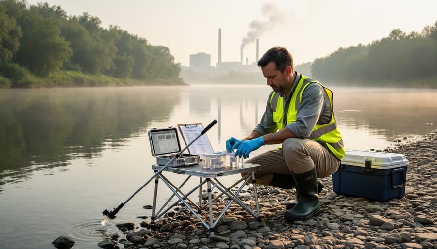 Marine biologist on a research boat holding a water sampling tool over the ocean