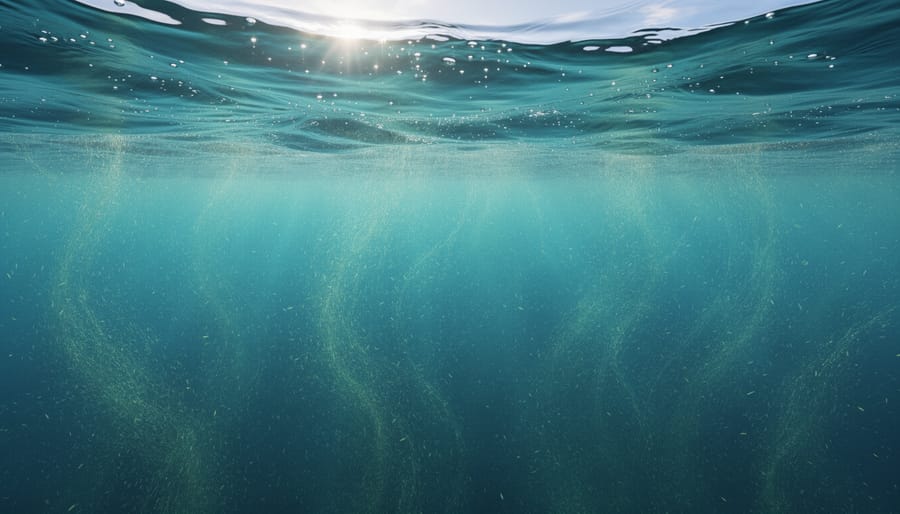 Wide view of ocean water showing sunlit surface, lighter mid-water, and darker deep water layers with subtle drifting particles indicating different marine climate conditions.