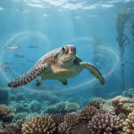 Underwater view of a coral reef with drifting plankton, a sea turtle, and small fish illuminated by soft light rays, representing marine ecosystem health and disease vulnerability.