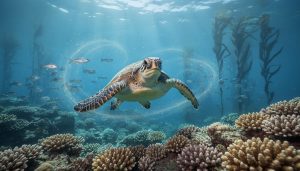 Underwater view of a coral reef with drifting plankton, a sea turtle, and small fish illuminated by soft light rays, representing marine ecosystem health and disease vulnerability.