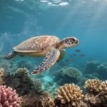A sea turtle glides over a sunlit coral reef with surrounding fish and clear seawater, suggesting the impact of marine disease on ocean ecosystems.