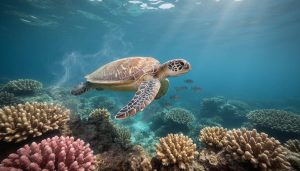 A sea turtle glides over a sunlit coral reef with surrounding fish and clear seawater, suggesting the impact of marine disease on ocean ecosystems.