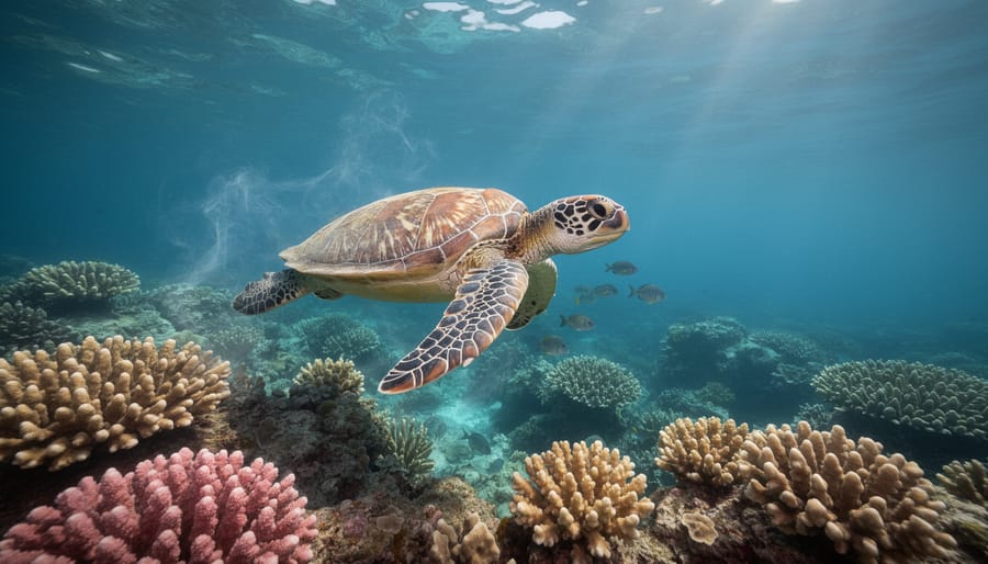 A sea turtle glides over a sunlit coral reef with surrounding fish and clear seawater, suggesting the impact of marine disease on ocean ecosystems.