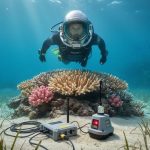 A marine biologist underwater near a coral reef with an underwater sensor and acoustic monitoring device on the seafloor.