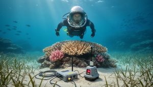 A marine biologist underwater near a coral reef with an underwater sensor and acoustic monitoring device on the seafloor.