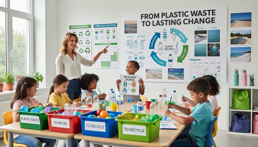 Marine biologist and student examining plastic pollution model in an educational setting